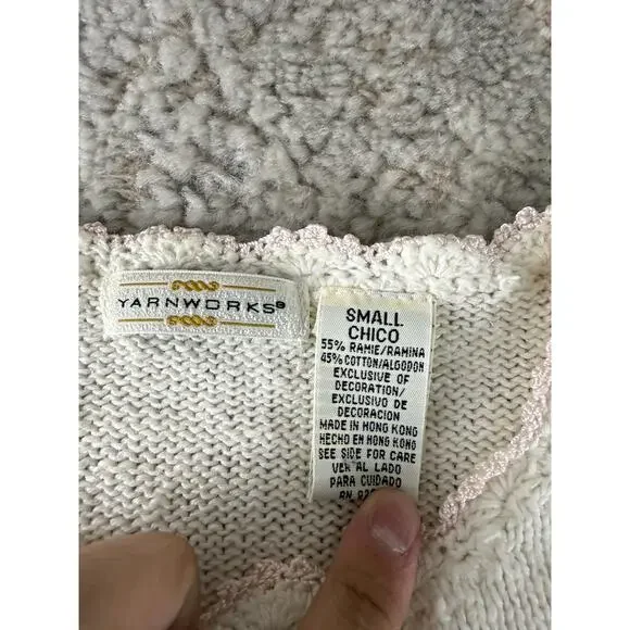Yarnworks Size S Floral Embroidered Knit Top Ivory Short Sleeve Button - Picture 5 of 7
